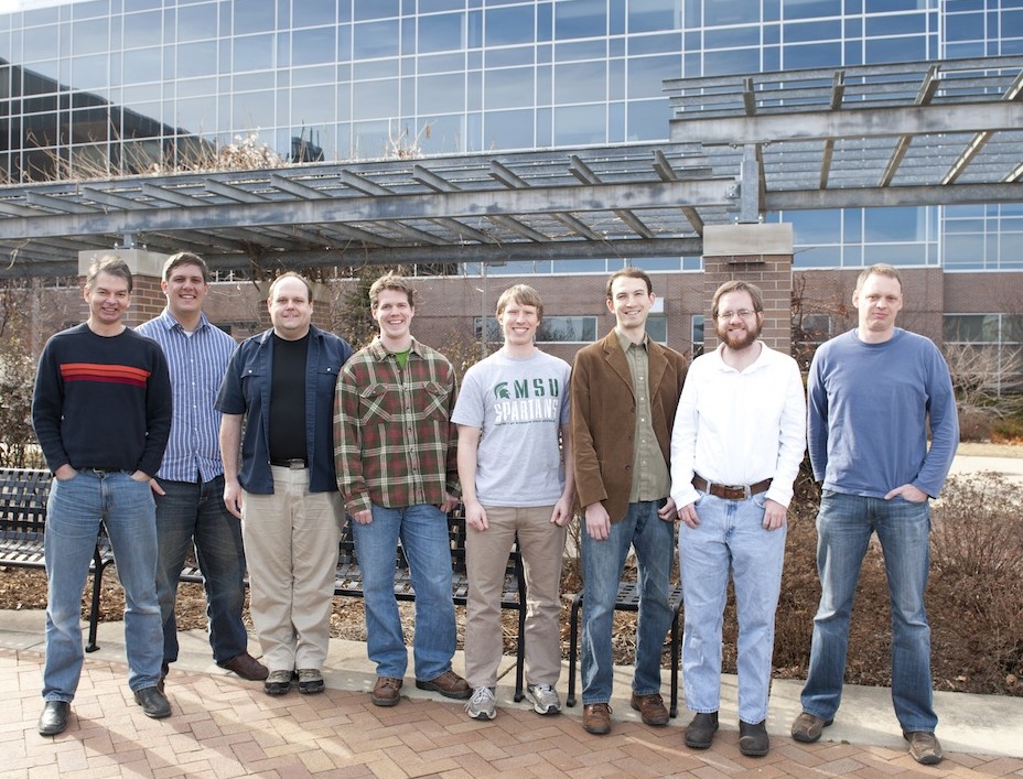 pictured, left to right: Dr. Chris Adami, Randy Olson, Dr. Arend Hintze, Dr. David Knoester, David Phillips, Jory Schossau, Sam Chapman, Dr. Bjørn Østman. not pictured: Aditi Gupta, Jacob Clifford, Faisal Tameesh pictured, left to right: Dr. Chris Adami, Randy Olson, Dr. Arend Hintze, Dr. David Knoester, David Phillips, Jory Schossau, Sam Chapman, Bjørn Østman